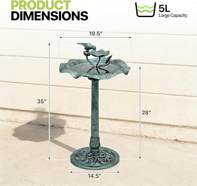 Magshion 35" Outdoor Bird Bath and Feeder for Outside, Pedestal Birdbath with Vintage Lotus Design, Durable Polypropylene Construction, Stunning Garden Accent for Lawn, Backyard & Patio, Green