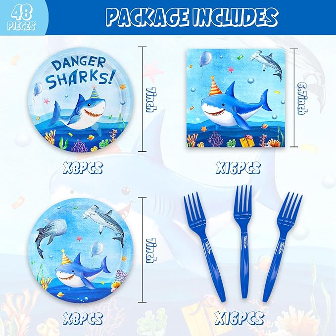 48Pcs Shark Birthday Decorations Plates Napkins and Forks,Shark Birthday Party Under The Sea Party Decorations Baby Shower Set for 16 Guests