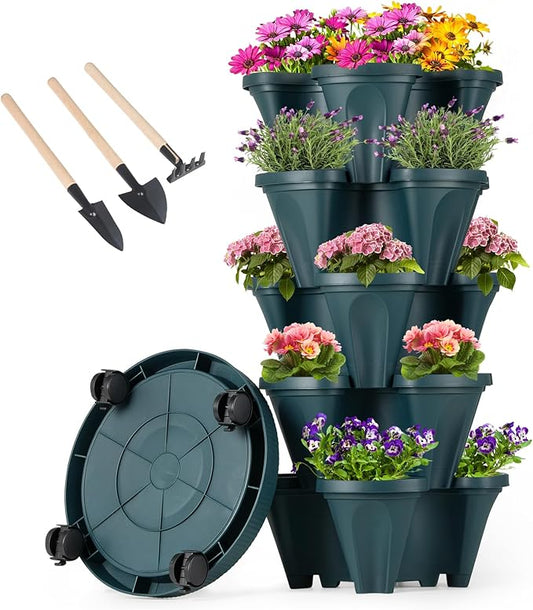 GameXcel Vertical Planter Tower - 5 Tier Stackable Garden Planters with Wheels and Tools Plant Pots for Strawberry Herb Flower and Vegetable Indoor Outdoor Use Green