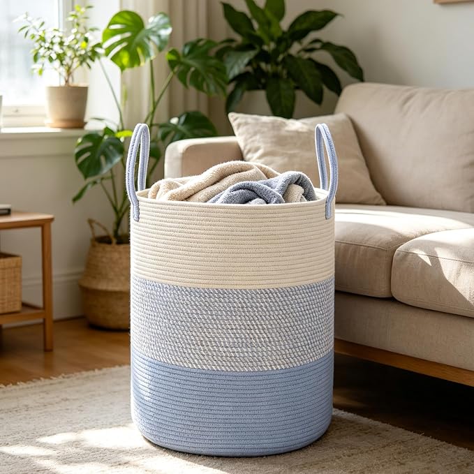 55L Woven Laundry Basket, Large Clothes Hamper with Handles- Blue