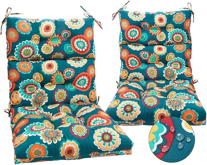 Magpie Fabrics Indoor Outdoor Tufted High Back Chair Cushion Set of 2, Waterproof All-Weather Deep Seating Rocking Chair Patio Chaise Lounge Sun Lounger Chair Cushions(Floral Green)