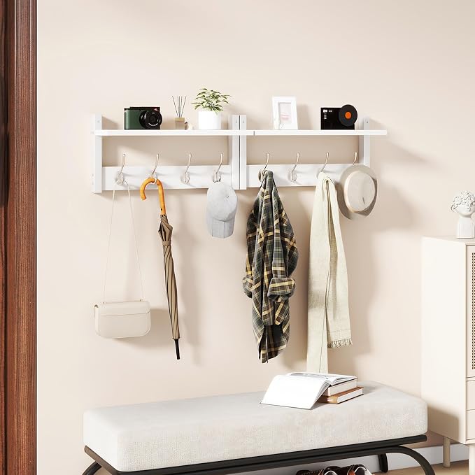 YMYNY Coat Rack Wall Mount with Shelf and Hooks, White UHWS001W-2