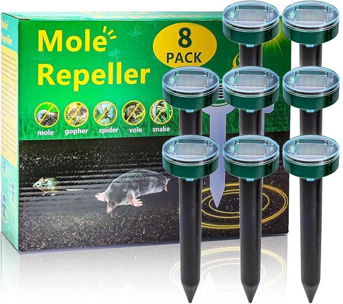 8 new Mole Repellent for lawns Gopher Repellent Ultrasonic Solar Powered Snake Repellent Deterrent Mole Repeller Vole Repellent Outdoor Lawns Garden Yard All Pests Sonic Spikes Stakes Chaser Upgrade