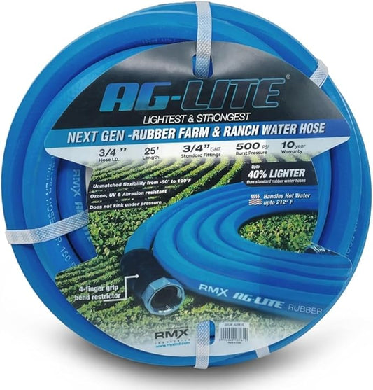 AG-LITE AL3425 3/4" x 25' Rubber Farm & Ranch Water Hose, Lightweight, 500 PSI, 50F to 190F Degree, Polyester Braided, Brass GHT Fittings, 4 Finger-Grip Bend Restrictor, Agriculture & Industrial Use