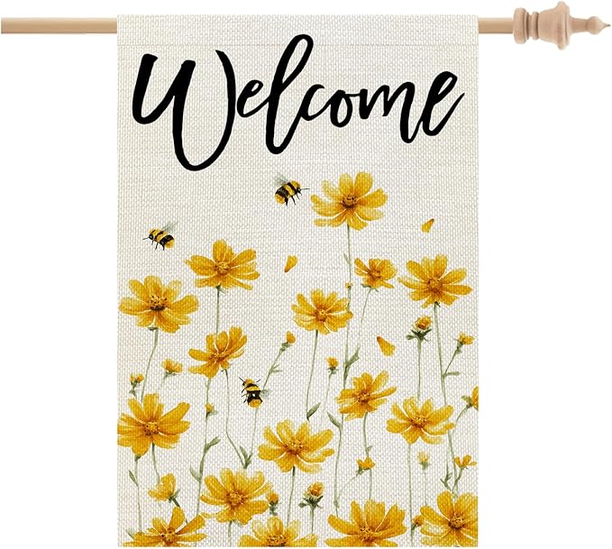 CROWNED BEAUTY Spring House Flag Yellow Wildflower Double Sided 28x40 Inches Large Burlap Welcome Holiday Seasonal Yard Decoration for Outside Porch