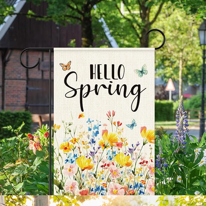 Hello Spring Flags for Outside,Floral Butterfly Garden Flag for Yard Patio Lawn Decoration,12x18 Inch Double Sided