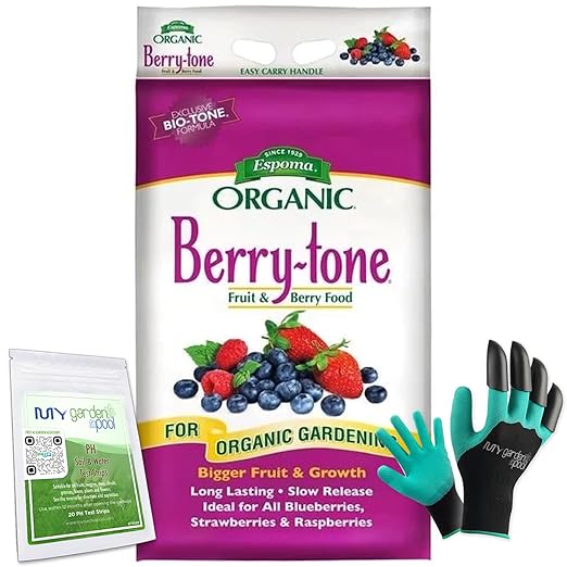 ESPOMA Organic Berry-Tone 4-3-4; 18 lb BR18 with My Garden Pool PH Soil Test Strips 20 ct, and My Garden Pool Superior Gardening Claw Gloves and Garden-IQ, Smart Gardening AI Assistant!