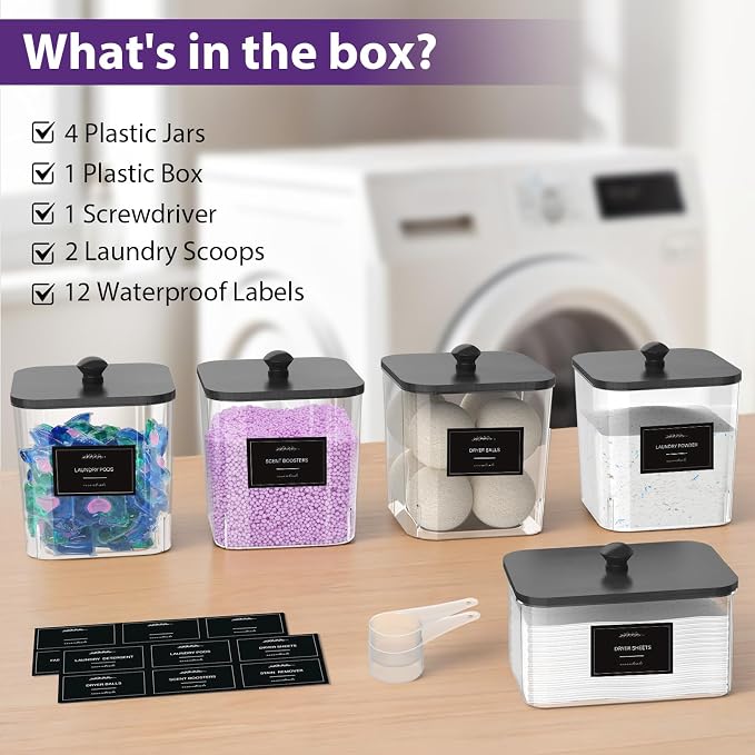 COAZEX 4+1 Pack Clear Laundry Pods Container & Dryer Sheet Holder Black Lid | Laundry Organization Square Design, 2 Scoops & 12 Labels, For Detergent Powder, Laundry Pods, Dryer Sheets, Dryer Balls
