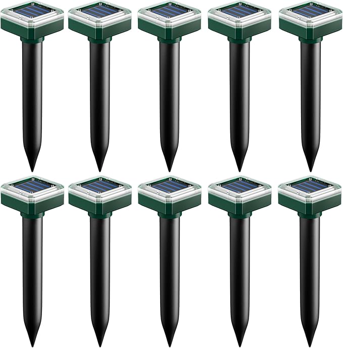 Mole Repellent Solar Powered 10 Pack, Ultrasonic Gopher Vole Deterrent Stakes for Yard & Garden, IP44 Waterproof Snake Repellent Outdoor, Effective Sonic Spikes for Groundhog, Skunk & Rodent Control