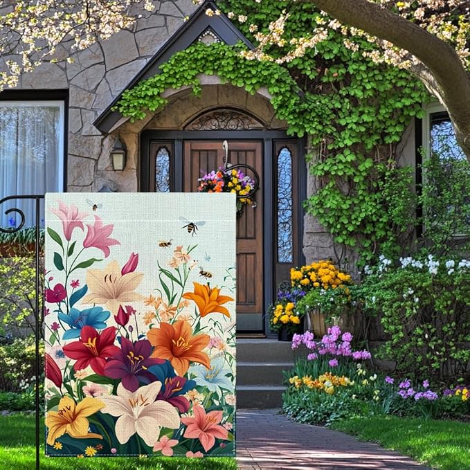 Spring Lily Colorful Floral Garden Flag 12x18 Inch Double Sided Welcome Summer Bee Flower Yard Outdoor Flag House Holiday Outside Decoration