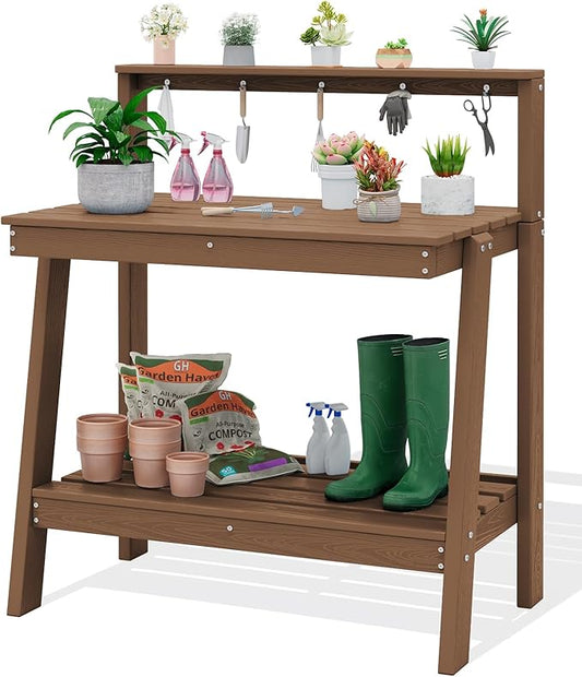 SERWALL Potting Bench Outdoor with Storage, 3-Tier HDPE Gardening Table with Angled Legs & Tool Hooks, All-Weather Heavy Duty Potting Table for Patio, Backyard, Garden, Brown