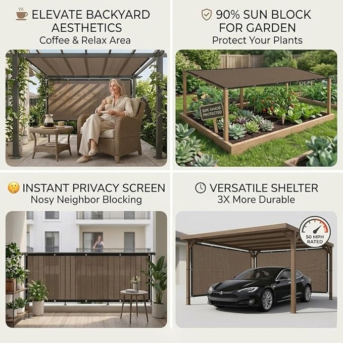 FAIR WIND 90% Sun Shade Cloth with Improved Grommets 3' x 6' Outdoor Sun Screen Fabric Cover for Patio Garden Outdoor Pergola Canopy - Mocha