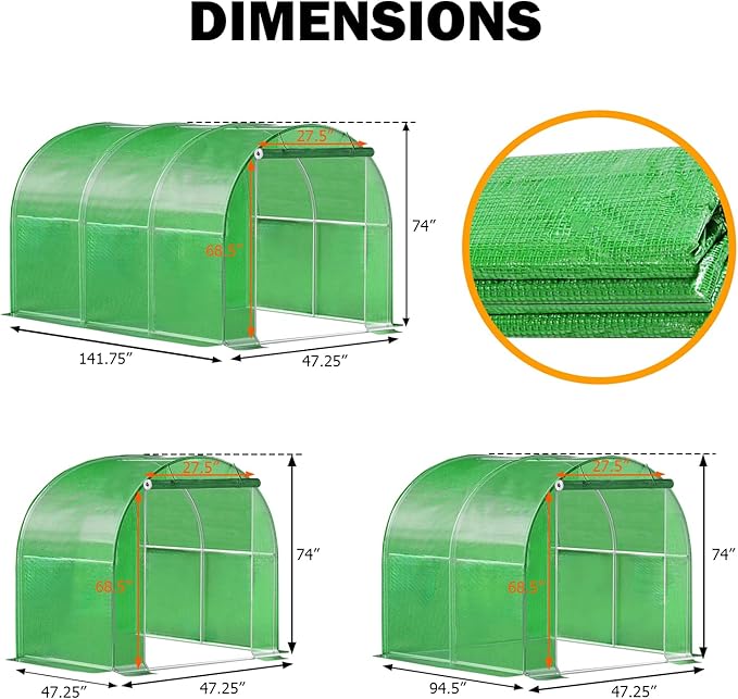 Hoop Greenhouse - Walk-in Greenhouse Kit for Outdoor Gardens, 4x8 FT with Reinforced Frame & PE Cover