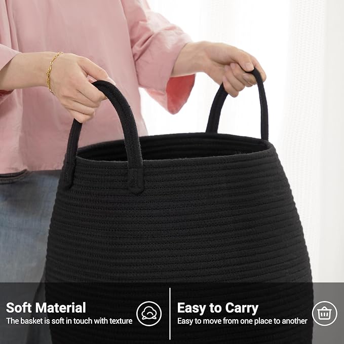 Large Laundry Hamper Basket 65L Woven Blanket Basket, Black