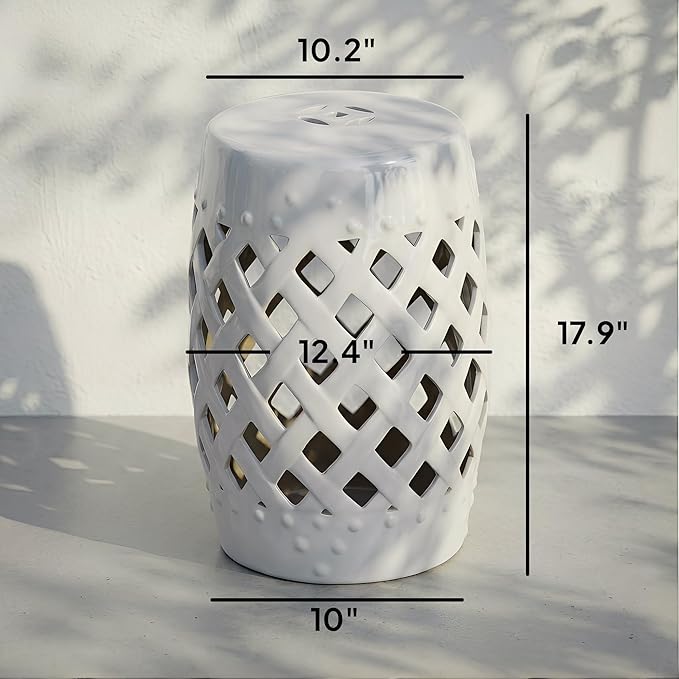 Outsunny 13" x 18" Ceramic Garden Stool with Woven Lattice Design & Glazed Strong Materials Decorative Outdoor Stool, White