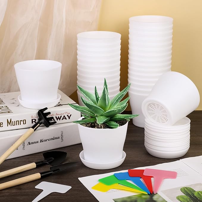 Hahood 48 Pack Plastic Planters 4 Inch Flower Plant Pots Indoor Set Thickened Seedling Nursery Pots Seed Starting Pots with Drainage Holes Saucers, Mini Garden Tools for Home Office Garden, White