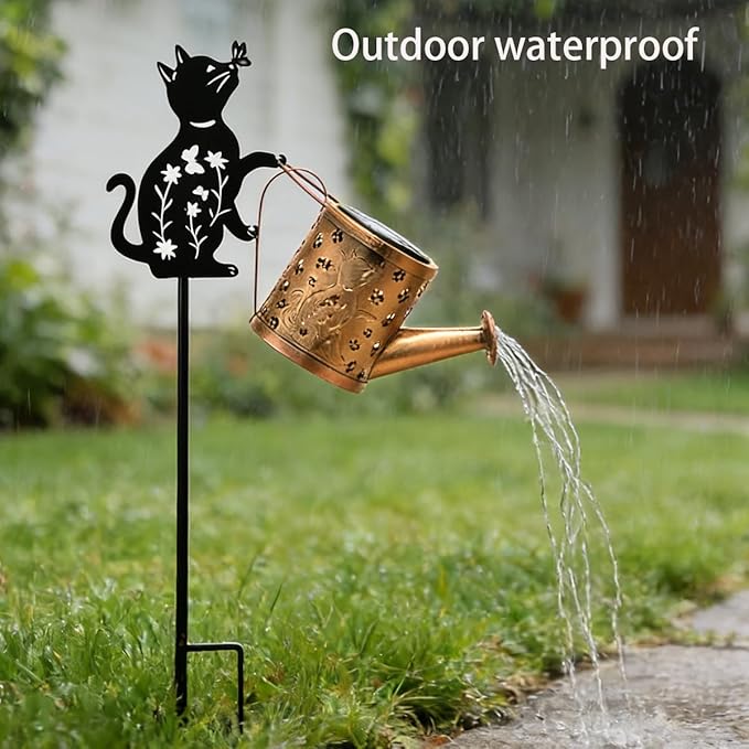Solar Outdoor Garden Decorative, Watering Can with Light, Featuring Metal Cat Silhouette Garden Stake, Mother's Gift for Women, Waterproof Garden Decor (1 Pc Cat Watering Can Light)