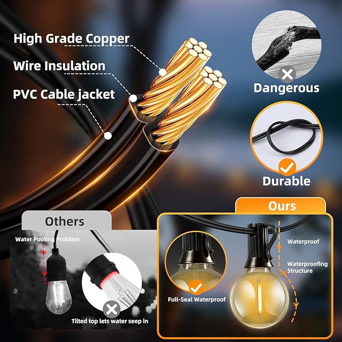50FT Solar Lights Outdoor Waterproof: G40 15M Shatterproof Bulbs Patio Lights - Solar Powered Remote Control 3 Light Modes Dimmable Solar Light - Camping Backyard Garden Deck Outside Yard