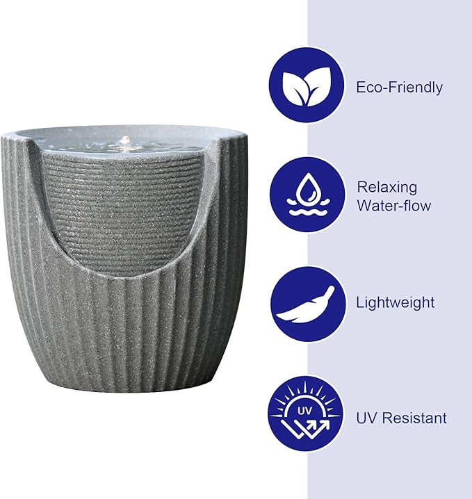 9.84” H Small Outdoor Water Fountain Made with Eco-Friendly Recyclable Materials, Polyethylene Bubbler Water Fountain, Outdoor Tabletop Decor with LED Lights for Patio, Porch, Backyard (9.84")