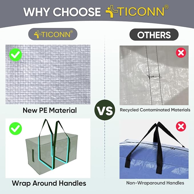 TICONN 4 Pack Extra Large Moving Bags Heavy Duty with Zippers & Carrying Handles, Durable Storage Bags Moving Boxes for Closet Organizers and Storage (4 Pack, Olive)