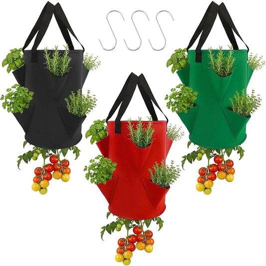 Augshy 3 Pack Upside Down Strawberry Planter Bags, 3 Gallon Hanging Grow Bags 6 Pockets with 3 Hooks Tomato Planter Topsy Turvy Planter for Strawberry Tomato Herb Vegetables House Garden