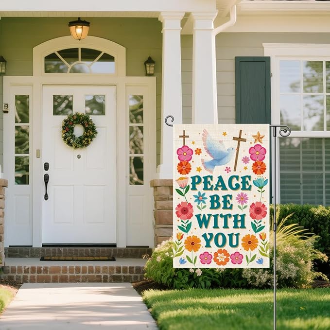 Peace Be With You Garden Flag, Floral Jesus Christian Cross Flag, Equality Inclusion Kindness Sign, Inspirational Spring Summer Home Holiday Party Outdoor Decor for Dove of Peace Lovers Gifts