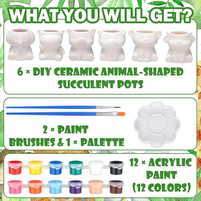 Beeveer 6 Sets Paint Your Own Ceramic Animal Succulent Planters Paintable Animal Ceramic Small DIY Figurines Unpainted Succulent Pots with Drainage Hole for Adults
