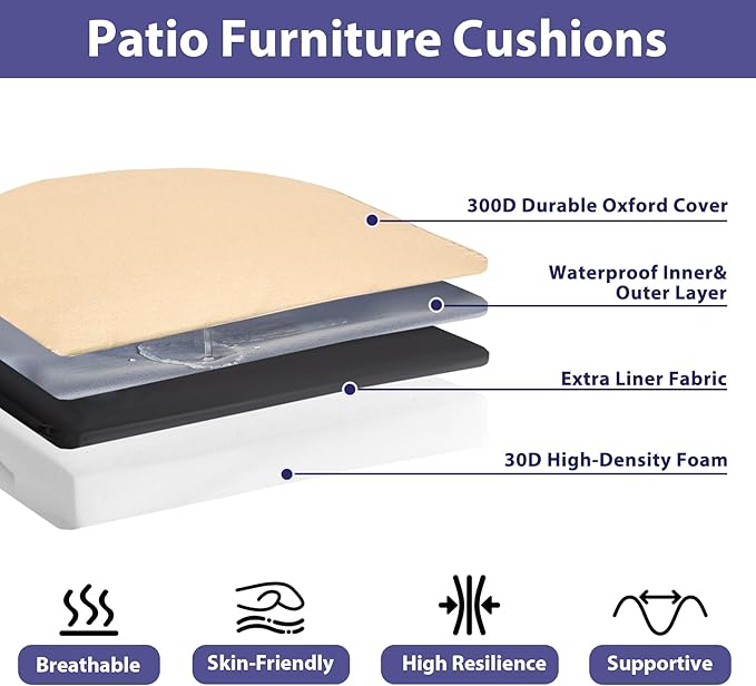 IPYNBAP Outdoor Chair Cushions Set of 4 -Waterproof Outdoor Seat Cushions for Patio Furniture, Patio Chair Cushion with Handle and Ties, Round Out Door Chair Pads,18.5" x 16" x 3", Beige