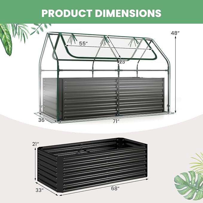 HAPPYGRILL Raised Garden Bed with Cover, Planter Boxes Outdoor w/Mini Greenhouse, 2 Roll-up Windows & Open-Ended Base, Metal Growing Raised Bed for Vegetables (Black, 71” x 36” x 48”)