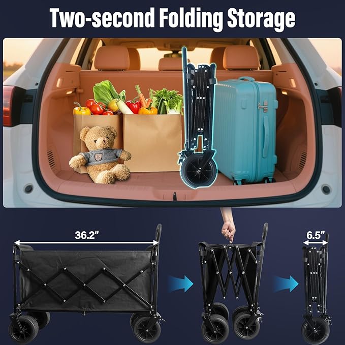 Collapsible Wagon Cart, 650lbs Capacity 300L Folding Utility Wagon with All-Terrain Wheels & Brakes, Heavy Duty Foldable Beach Cart for Groceries, Camping, Sports, Shopping – Black