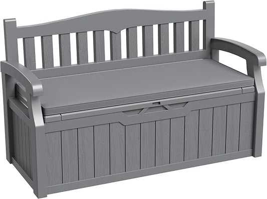 Greesum 80 Gallon Outdoor Storage Bench Deck Box with Cushion & Armrest, Lockable, Waterproof UV Resistant, Comfortable Seating for Patio, Pool, Garden, Grey