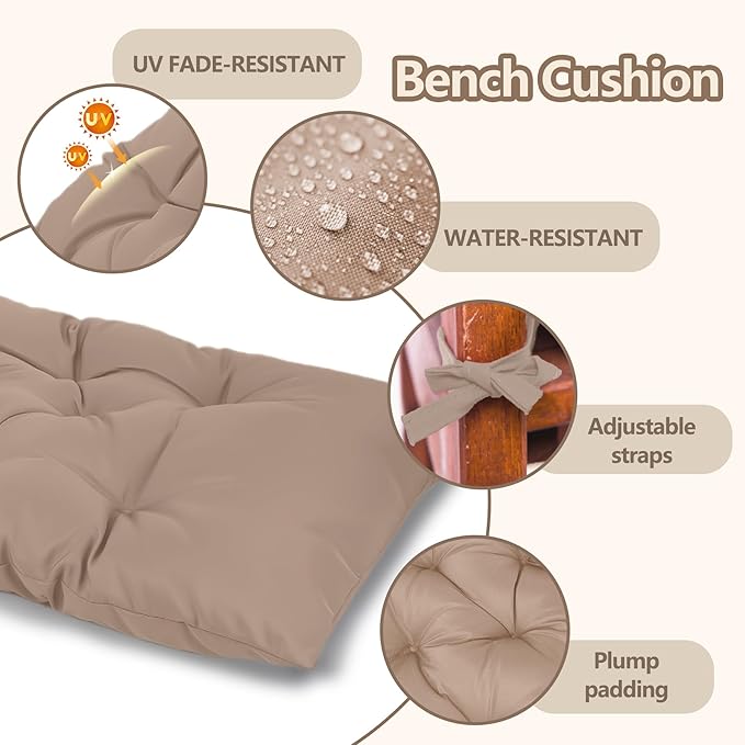 Yddsky 47.3 in Waterproof Indoor/Outdoor Garden Bench Seat Cushions，Thicken Patio Bench Soft Rocking Chairs Pad Lounger Seat for Wicker Loveseat Settee（47.3 X 19.6 X 3.9 in Khaki ）