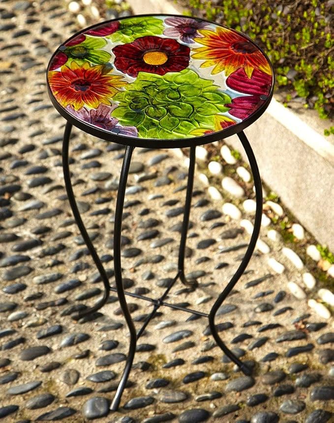 Evergreen Garden Outdoor-Safe Round Summer Splash Glass and Metal Side Table - 12" L x 12" W x 22" Indoor Outdoor Side Tables for Your Patio, Lawn, Garden or Home Décor