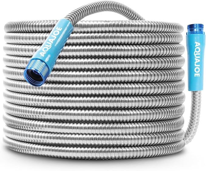 Aqua Joe 50-Foot Heavy Duty Garden Hose, Spiral 304 Stainless Steel Metal Hose, Puncture Proof, 1/2 Inch Diameter with Aluminum Fittings, AJSGH50