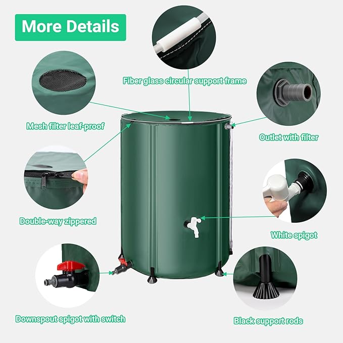 FAMIROSA 132 Gallon / 500L Collapsible Rain Barrel, Foldable PVC Water Barrels to Collect Rainwater from Gutter, Portable Water Collection System with Hose Spigot, Garden Water Catcher Collector Green
