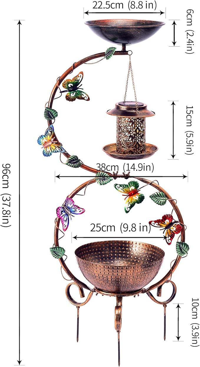 YADOOLIFE 37.8" Bird Bath and Solar Bird Feeders Combo with Flower Planter Pedestal, Metal Bird Baths for Outdoors, Decorative Birdbath with Butterfly for Outside Garden Yard, Weather Resistant