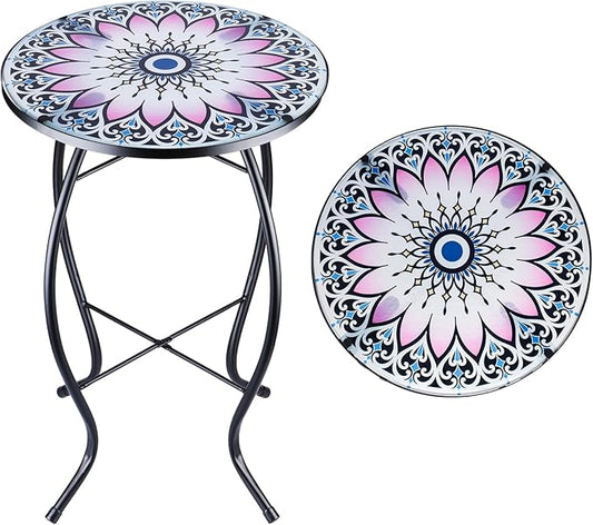 MUMTOP Side Patio Tables-Mosaic Outdoor Side Table - 14’’ Flower Glass Accent Round EndTable, Plant Stand Indoor Small CoffeeTable for Garden or Living Room Decor