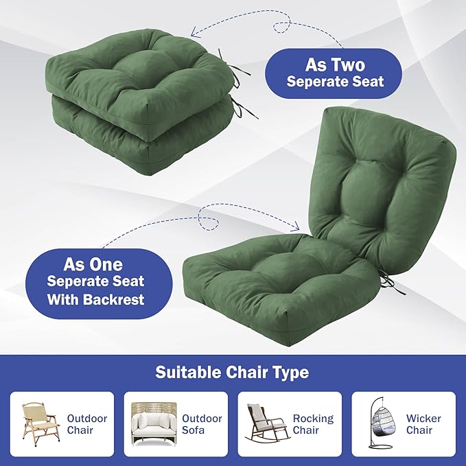 IPYNBAP Outdoor Chair Cushions Set of 2, Patio Chair Cushions with Ties, 17x17+4” Tufted Outdoor Seat Cushions, Waterproof Patio Furniture Cushions, Outdoor Dining Chair Pads, Forest Green