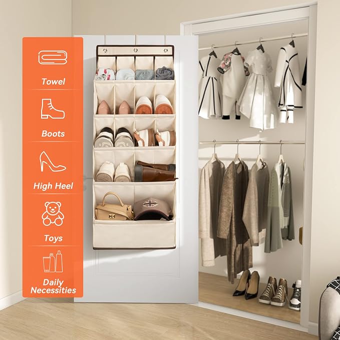 1 Pack Over the Door Shoe Organizers, Hanging Organizers with Large Pockets | with Large Deep Pocket Shoe Holder for Closet Shoes Rack for Wall, Over Door Shoe Storage Hold up to 18 Pairs Shoes, Beige