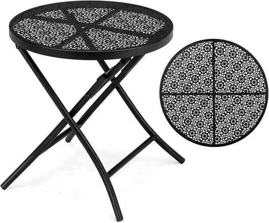 VINGLI Outdoor Folding Side Table with Chic Hollow Pattern and Durable, Rust-Resistant Coated Iron Patio Bistro Table Suitable for Indoor & Outdoor Porch, Deck, Balcony and Pool,Black