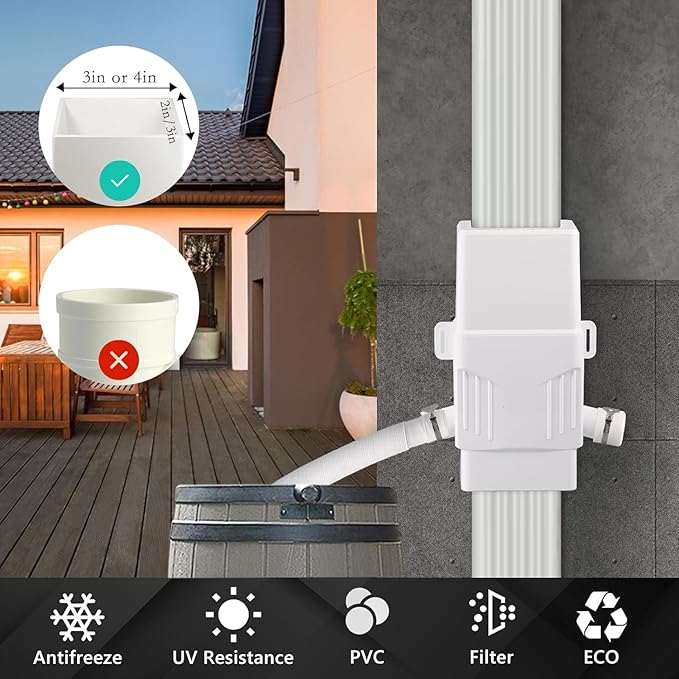 Downspout Diverter, Rain Barrel Diverter Kit-Rainwater Collection System Fits 2x3 or 3x4 Inch Downspout with Filtration and PVC Spigot, White