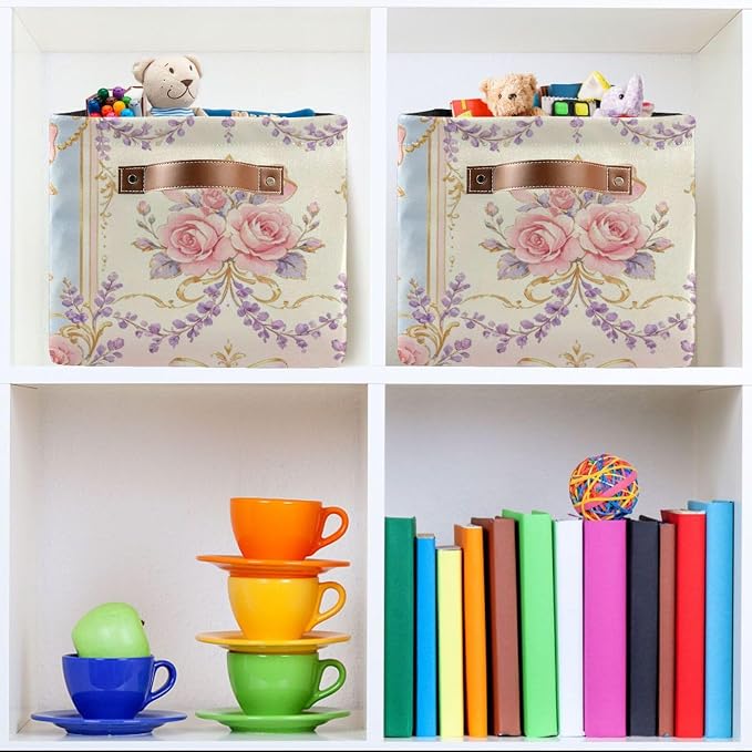Victorian Rose Bow Seamless Canvas Storage Basket Fabric Storage Bin Collapsible Canvas Basket Organizers and Storage Containers for Bedroom Nursery Toys Clothes