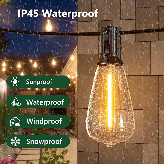 25FT Outdoor String Lights, Waterproof Patio Lights with Shatterproof ST38 Vintage Edison Bulbs, Connectable Outside Hanging Lights for Backyard, Porch, Deck, Balcony, Garden, 2500K Dimmable