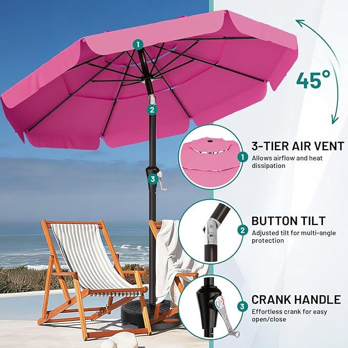 AreShark 9FT 3-Tiers Patio Umbrella with Valance, Outdoor Umbrellas with Crank/Tilt, Table Market Umbrella Vented w/ 8 Sturdy Ribs for Garden, Deck, Backyard, and Pool, Rose Pink