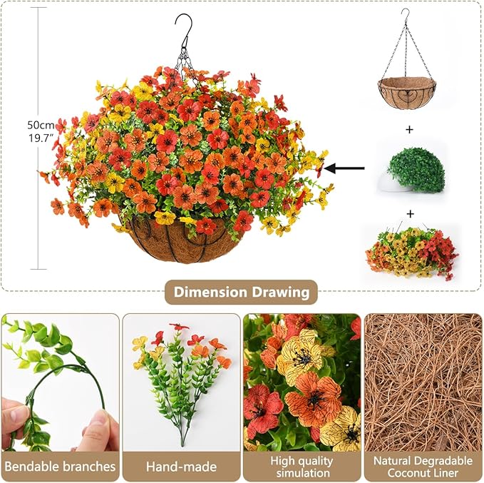 ZFProcess Artificial Faux Hanging Plants Flowers Basket for Fall Outdoor Decoration, Fake Silk Daisy in Planter Realistic UV Resistant Look Real for Porch Home Patio Balcony Yard(Red Orange Yellow)