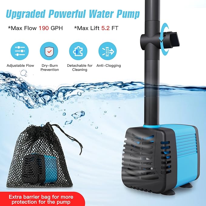 15W Solar Fountain Pump, 190GPH Submersible Solar Powered Water Pump with Adjustable Flow & 4 Nozzles, Anti-Clog Barrier Bag for Bird Bath, Outdoor Pond, Garden Water Features, Pool