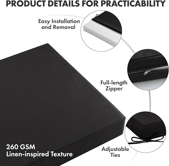 MIULEE Black Outdoor Dining Cushion 20x20 Inch Waterproof & 3 Year Color Fastness Deep Seat and Back Cushion for Patio Furniture Chair with Ties
