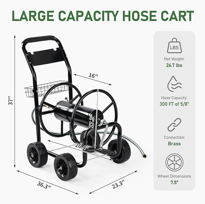 VINGLI 4-Wheel Garden Hose Reel Cart with Storage Basket, Portable Residential Hose Reel Cart, Lawn Watering, for Garden Backyard and Farm