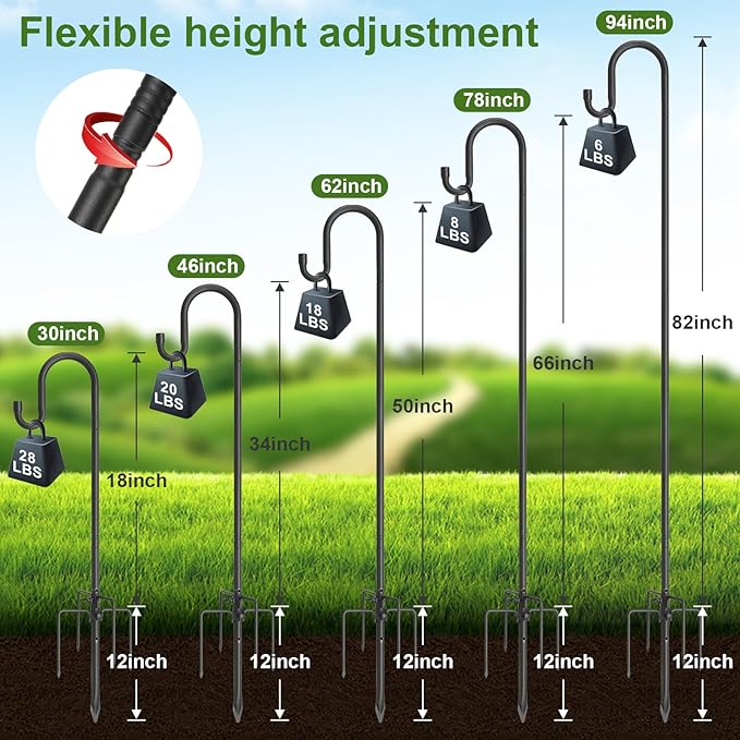 Bird Feeder Garden Hook - Heavy Duty Hummingbird Stand with Anti-tip Stake,46" Rustproof Shepards Pole with Hanger Holder for Hanging Birdfeeder,Planters,Flower Baskets,Black