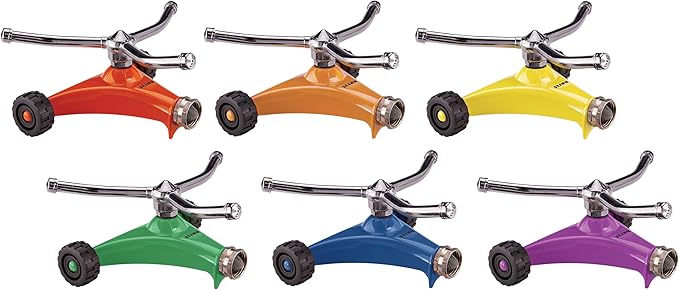 Dramm ColorStorm 3 Arm Whirling Sprinkler on 6" Wheeled Heavy Duty Metal Base, for Lawn, Yard, Garden and Large Area, Berry, 70 Ft Diameter Reach